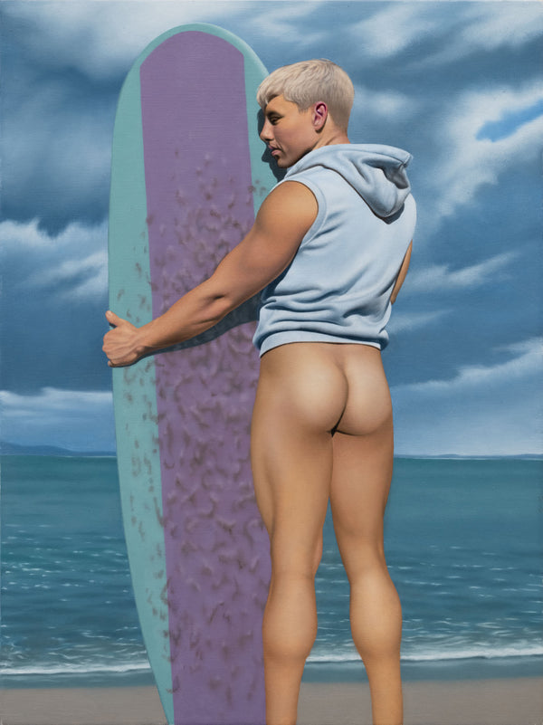 Ross Watson original oil painting of a man with a bare bottom wearing a shortsleeved blue hoodie holding an aqua and lilac surfboard on a stormy beach