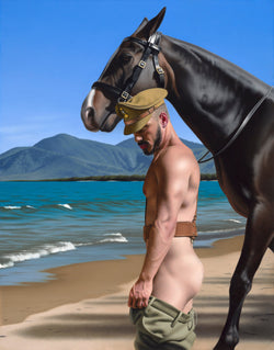 Original Ross Watson painting of partially dressed soldier leading a black horse on a beach