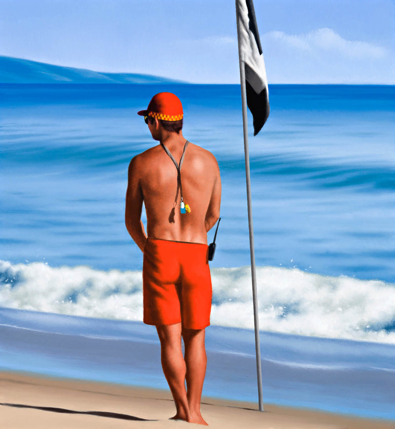 Ross Watson painting of shirtless lifeguard at beach wearing red cap standing next to black and white flag