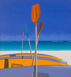 Ross Watso painting of yellow and blue canoes laying on beach with four oars standing upright