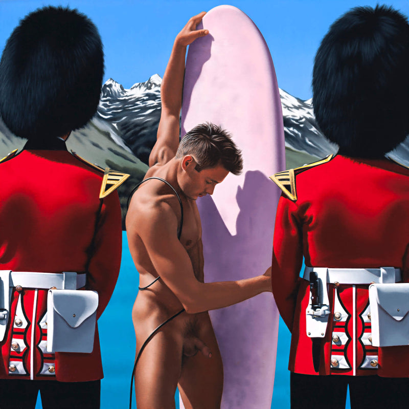 Ross Watson painting of naked surfer holding pink surf board between two Queens guards wearing bearskin hats with blue lake and snow capped mountains in the background