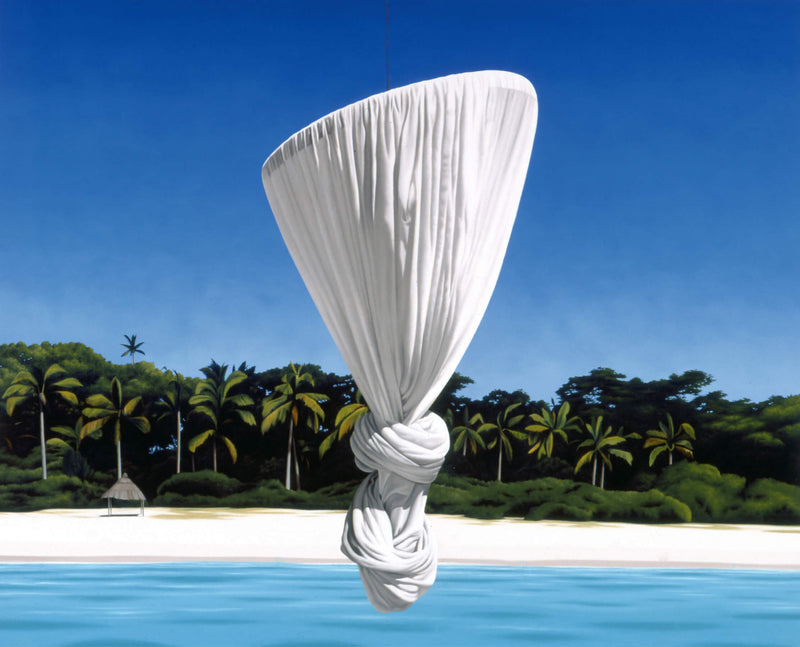 Ross Watson painting of knotted mosquito net suspended on white sand beach