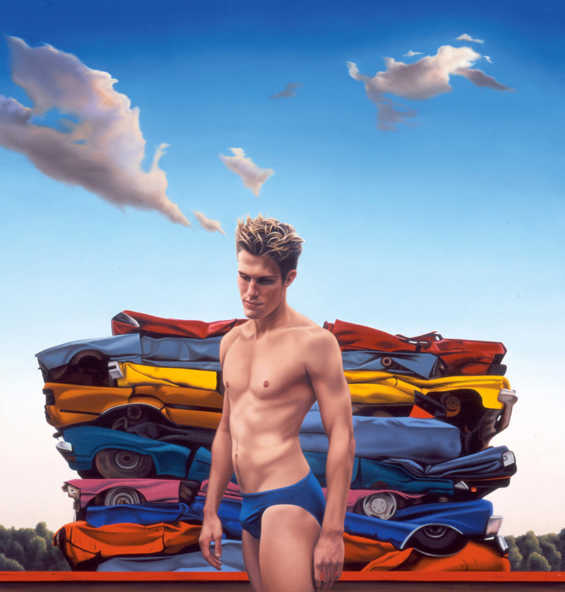 Surrelist painting of speedo clad man in front of pile of crushed cars