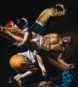 Portrait of Francois Sagat being raised on a crucifix in carravagio painting scene