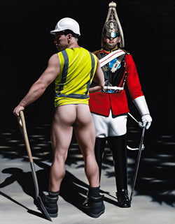 Ross Watson painting of bare buttocked workman wearing hi-vis vest adn hard hat with shovel standing in front of queen's life guard in ceremonial uniform