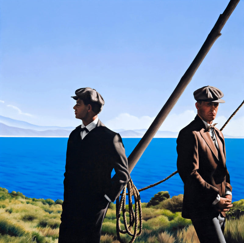 Ross Watson painting of two men in suits from WW1 period standing on a headland before a wooden frame with rope 