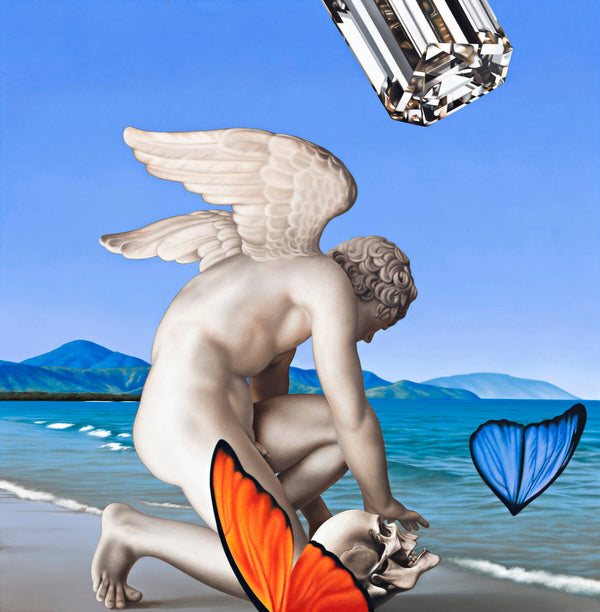 Surrealist painting of a winged angel sculpture with a skull on the beach with a diamond in the sky and parts of butterfly wings