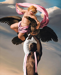 Ross Watson painting of black man partially dressed with pink tie with arms raised up to Le Sueuers painting of Ganimead with eagle