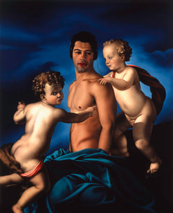 Ross Watson painting of shirtless man swathed in blue velvet circled by two angels by Bronzino