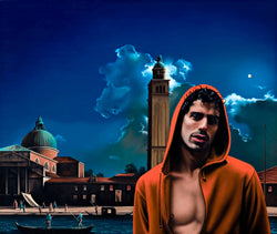 Ross Watson painting of shirtless man in red hoody with Canaletto painting of Venice in background