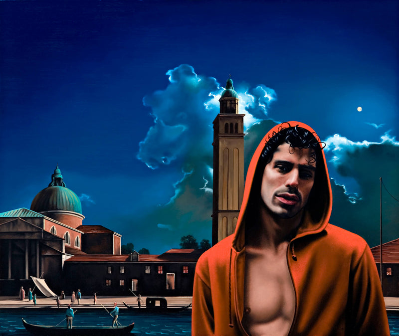 Ross Watson painting of shirtless man in red hoody with Canaletto painting of Venice in background