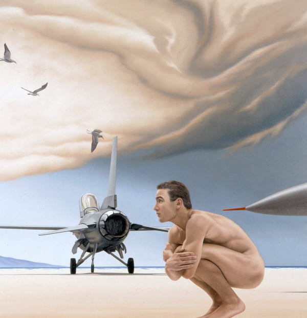 Surrealist painting of a naked man on a beach squatting with a fighter jet and birds in the background